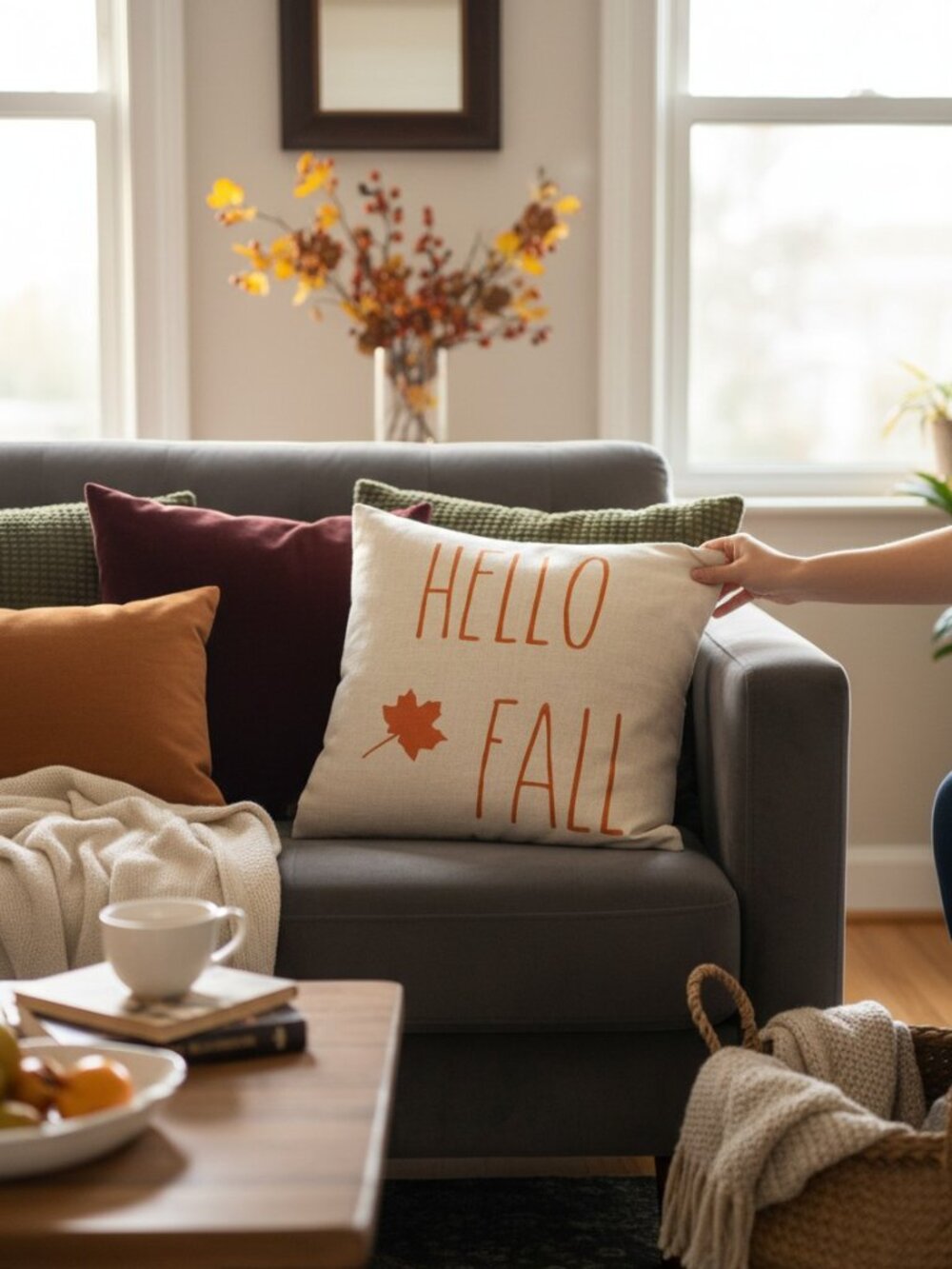 Hello Fall Maple Leaf Decorative Farmhouse Pillow Cover – 17.5" Square